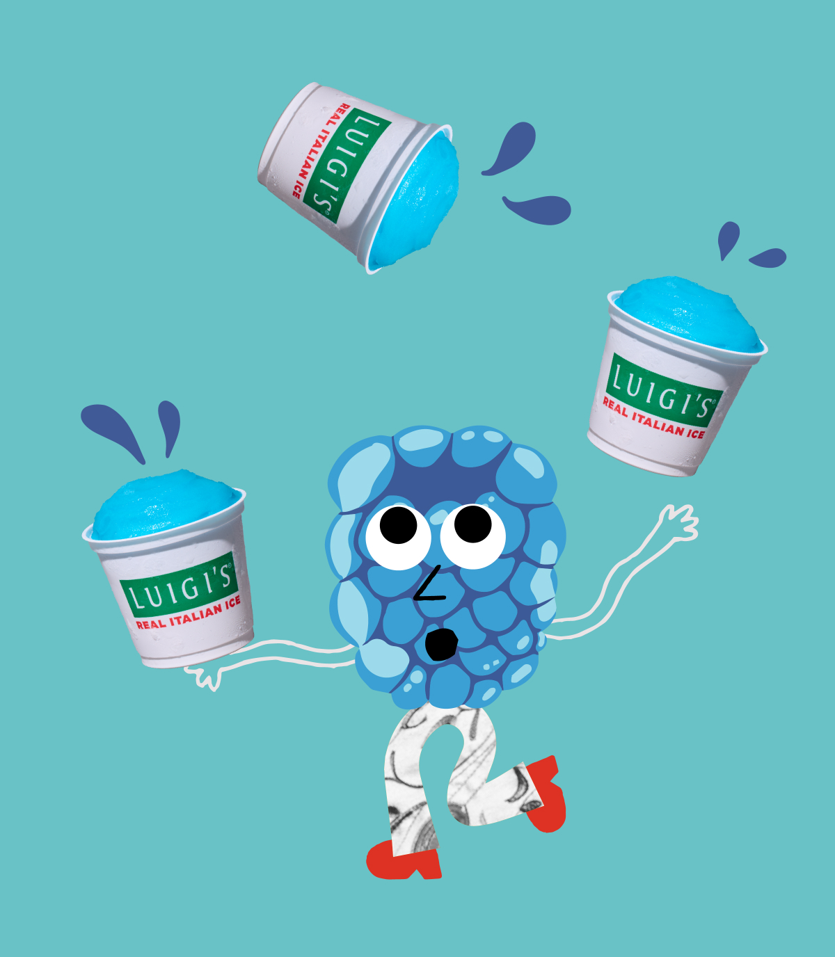 Blue raspberry graphic character is juggling three cups of blue raspberry. LUIGI'S Real Italian Ice. Background is light blue.