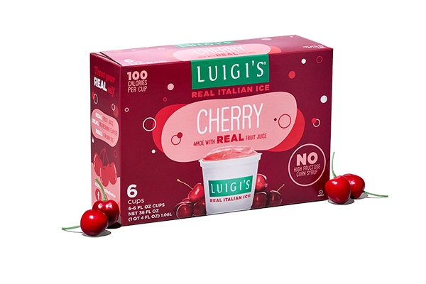 Box of cherry LUIGI'S Real Italian Ice. Image of cherries next to the box on both sides.