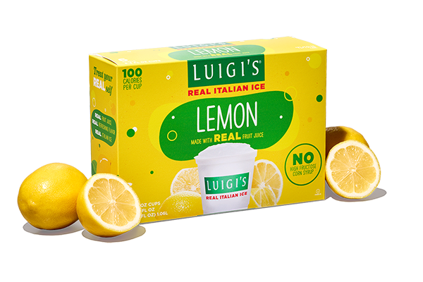 Box of lemon LUIGI'S Real Italian Ice. Image of lemons next to the box on both sides.