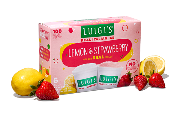 Image of lemon and strawberry LUIGI'S Real Italian Ice combo pack. Box is pink. Images of strawberries and lemons are next to the box on both sides.