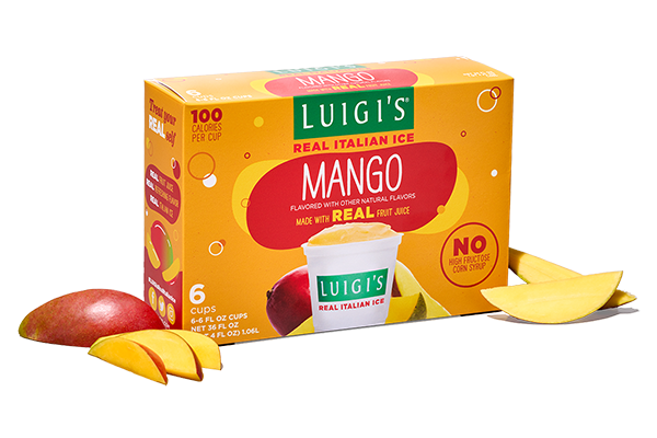 Box of mango LUIGI'S Real Italian Ice. Image of mangoes next to the box on both sides.