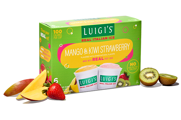 Image of mango and kiwis strawberry LUIGI'S Real Italian Ice combo pack. Box is green. Images of strawberries, mangoes, and kiwis are next to the box on both sides.