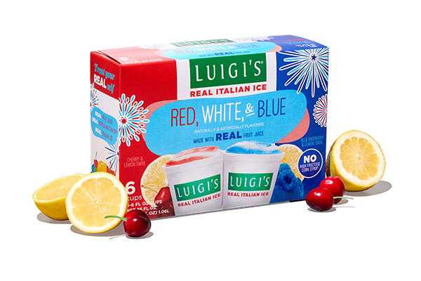 Image of LUIGI'S Real Italian Ice Red, White, & Blue box. Variety pack of Blue Raspberry and Lemon Swirl and Cherry Lemon Swirl. Lemons and cherries are next to the box on both sides.