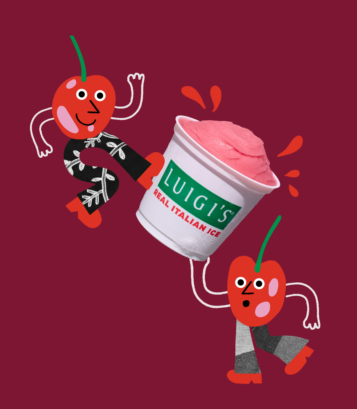Two cherry graphic characters with a cup of cherry LUIGI'S Real Italian Ice. Once cherry is holding the cup, and the other cherry is walking up the side of the cup of Italian ice. Background is a deep cherry red.
