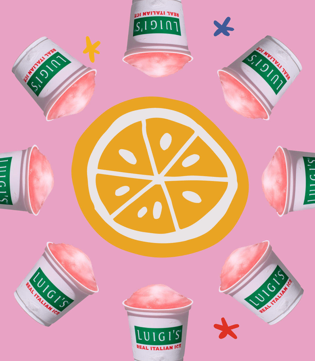 Lemon slice graphic in center surrounded by eight cups of cherry lemon swirl LUIGI'S Real Italian Ice. Background is pink with colorful stars.