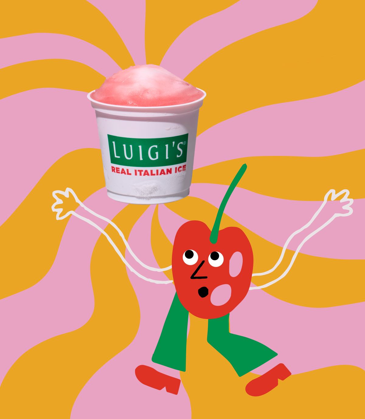 Groovy cherry graphic with cherry lemon swirl LUIGI'S Real Italian Ice. Cool retro, psychedelic background in pink and yellow. Cherry graphic is looking up at the cup of Italian ice with a surprised face. The cherry character is wearing green pants, and red shoes.