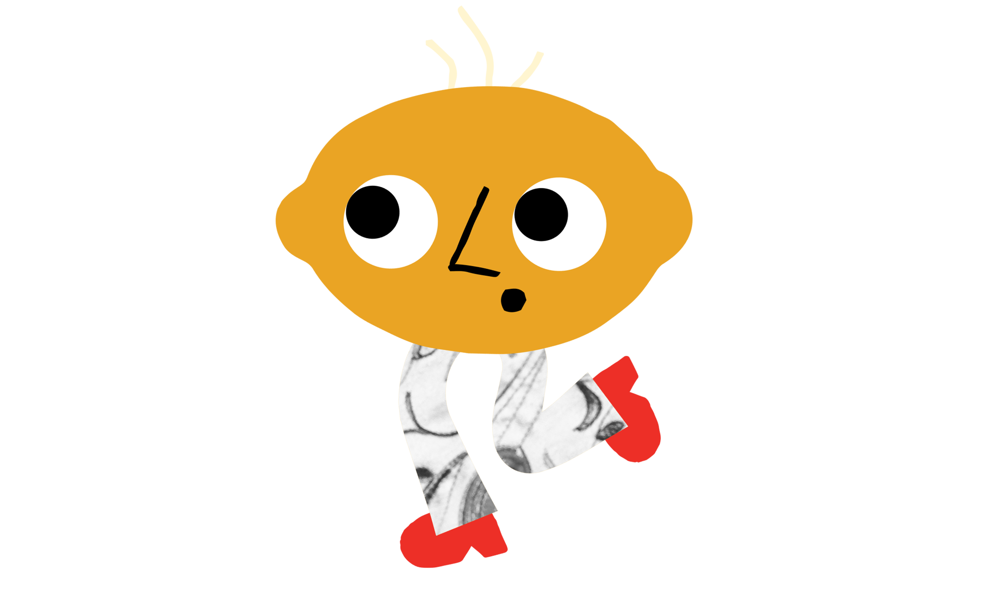 Cute lemon graphic character. Lemon character has a surprised look on their face, three yellow hairs, and is wearing pants and red shoes.