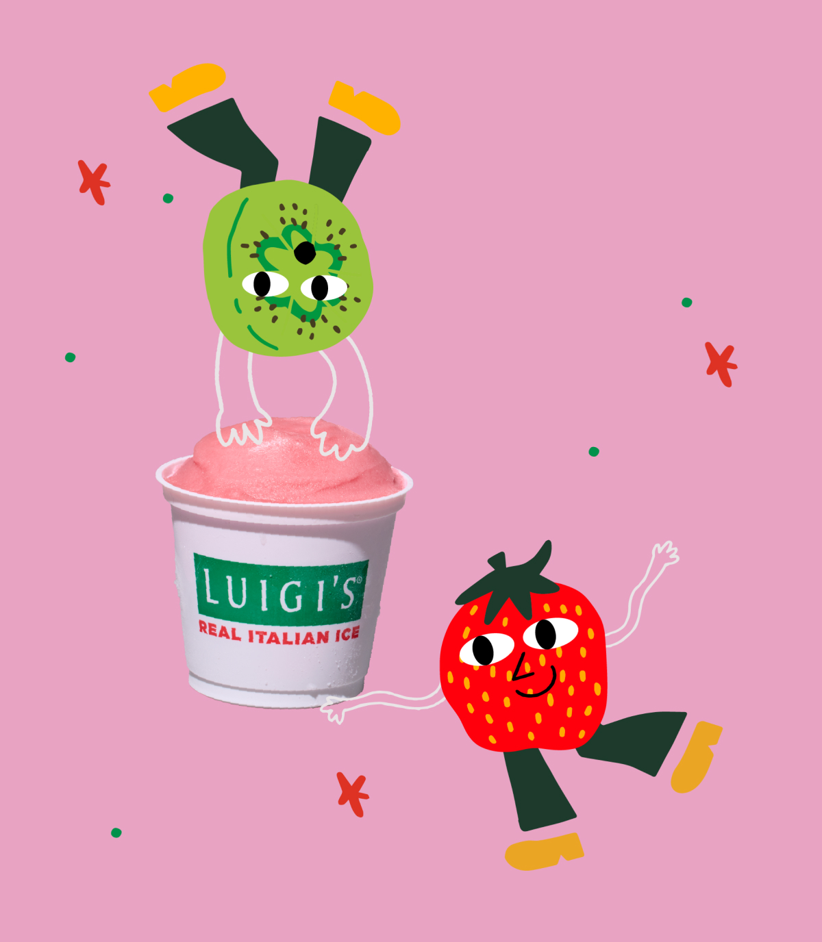 Cute kiwi and strawberry graphic characters with a cup of kiwi strawberry LUIGI'S real Italian Ice. Kiwi character is doing a handstand on the Italian ice. Background is pink with colorful star graphics.
