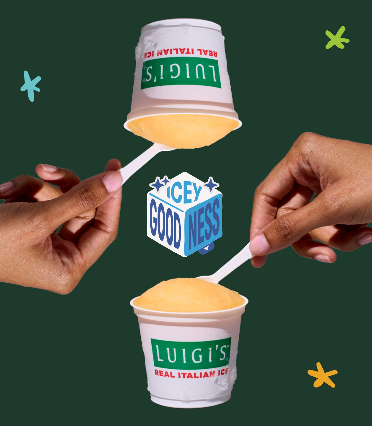 Vertical mirrored image of hand scooping mango LUIGI'S Real Italian Ice. Graphic of an ice cube that says Icey Goodness is in center of the image. Background is dark green with colorful graphic stars.