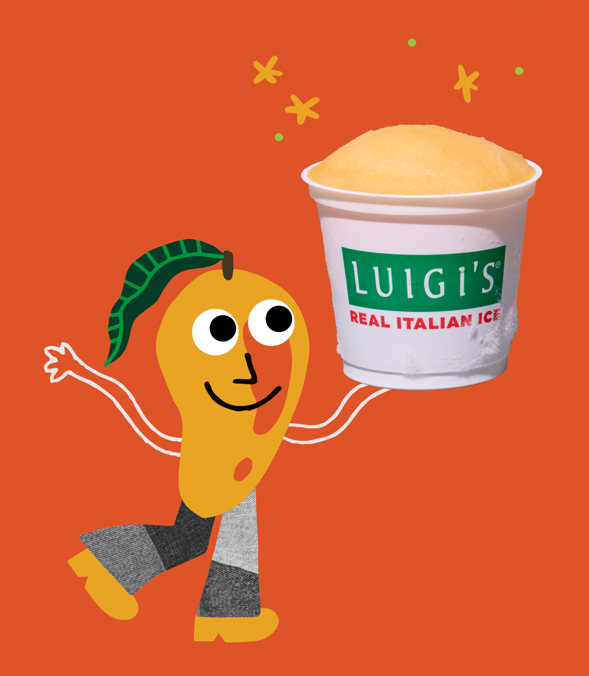 Mango graphic character is smiling and holding a cup of mango LUIGI'S Real Italian Ice. Orange background and light orange stars around cup. Mango is wearing pants and shoes and has a leaf for hair.