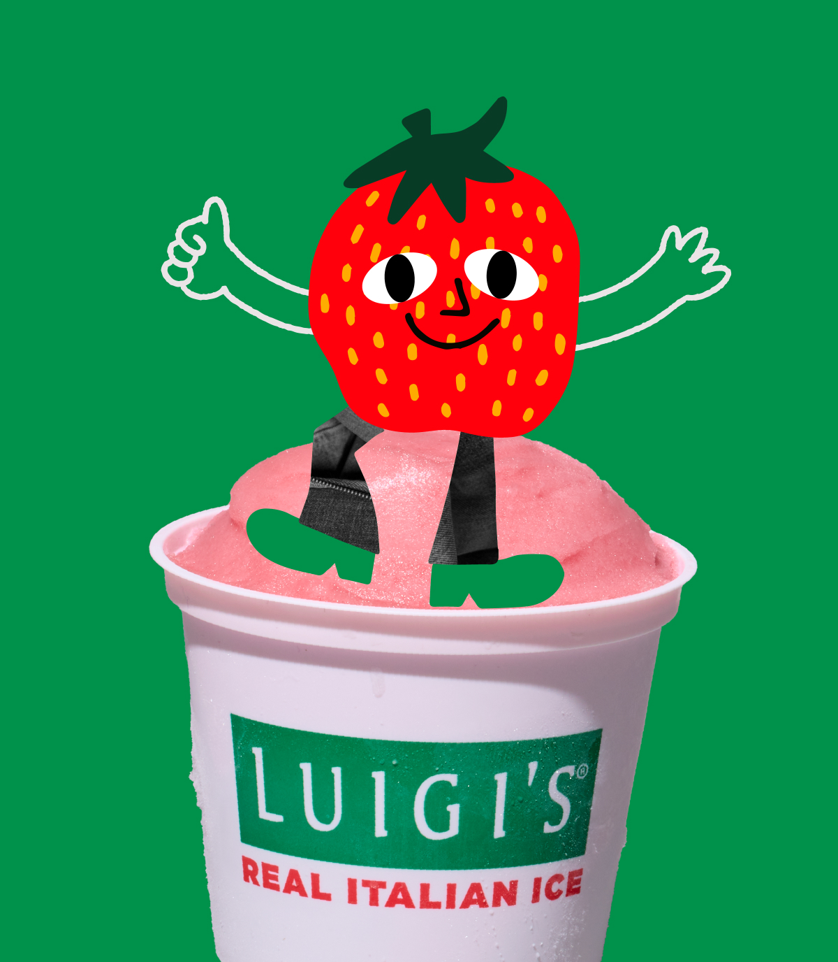 Strawberry character graphic is sitting on top of strawberry LUIGI'S Real Italian Ice. Strawberry is smiling and giving thumbs up. Background is green.