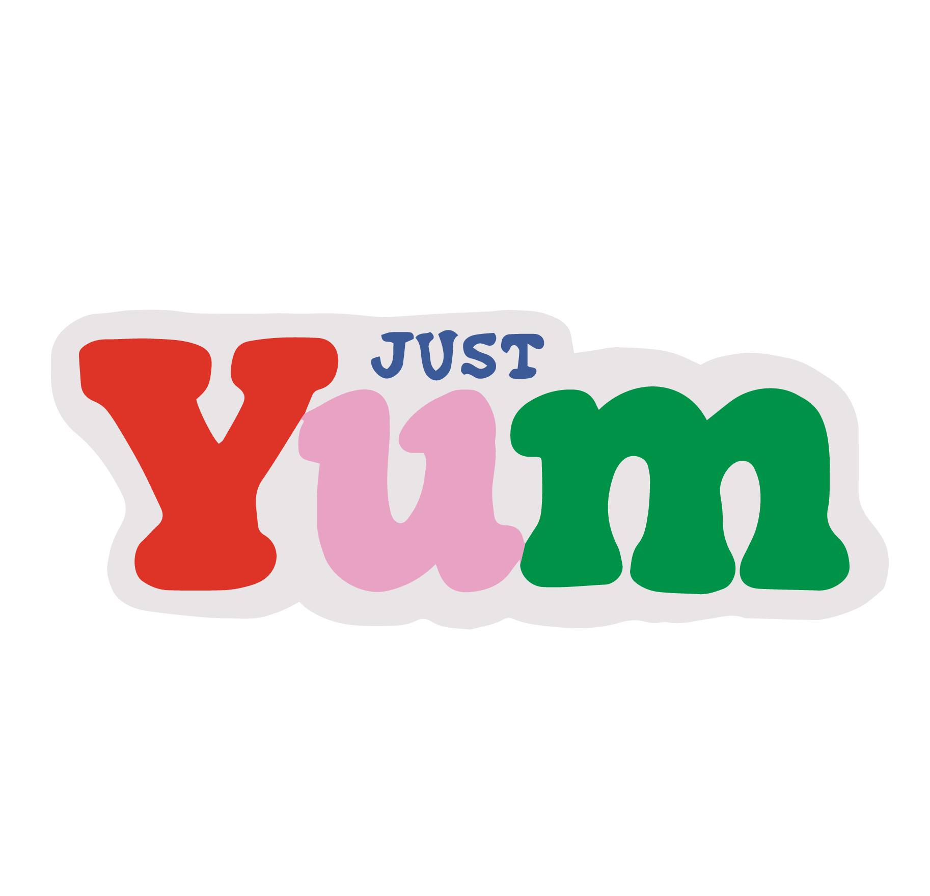 Just Yum sticker. Font is colorful, using blue, red, pink, and green.