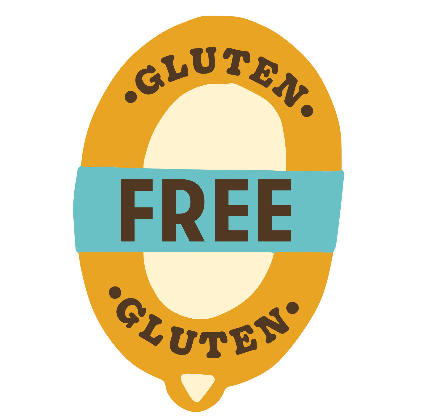 Gluten Free graphic. Graphic is a yellow oval with light yellow center and blue banner going straight through center.
