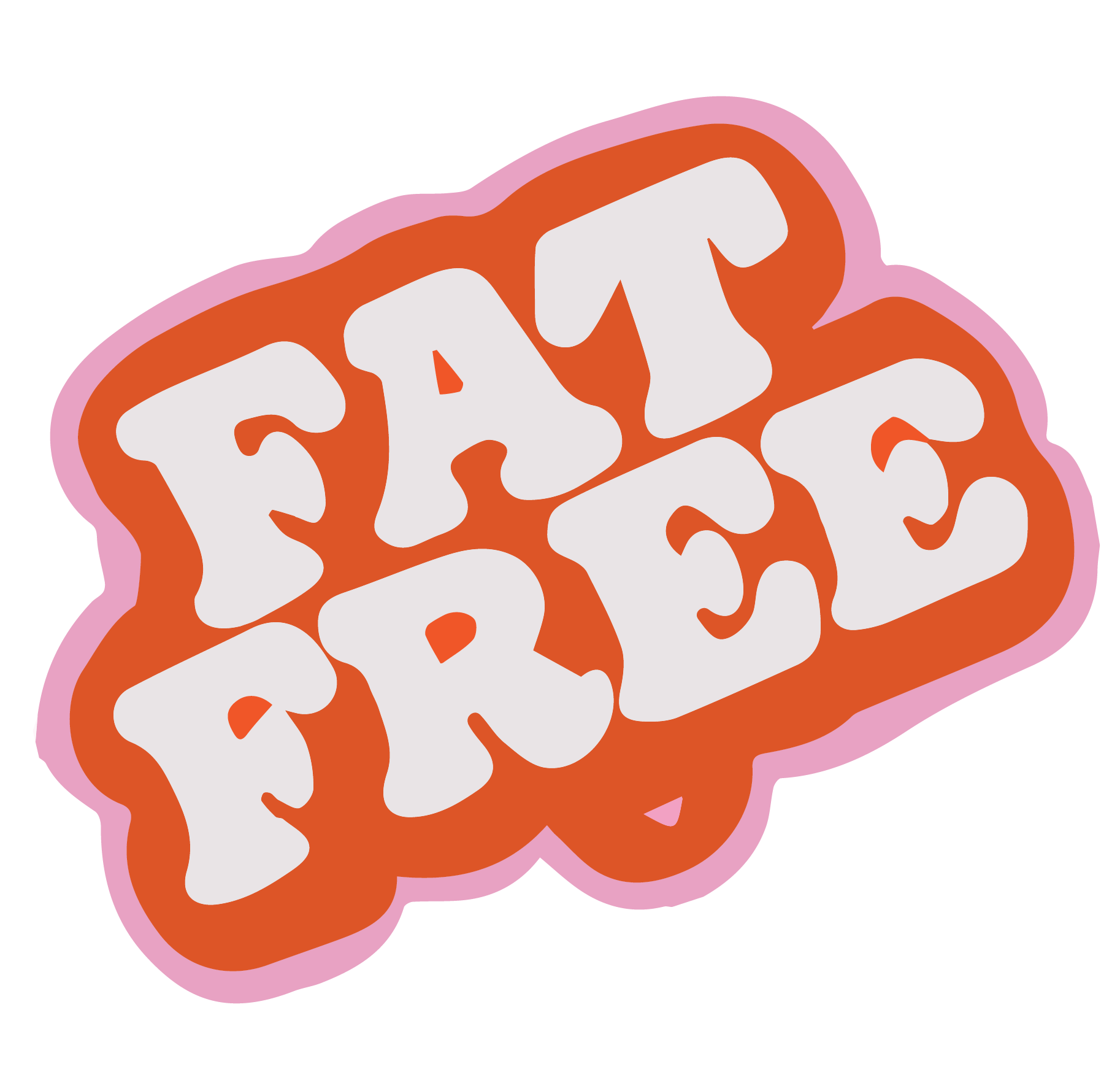 Bold-lettered sticker that says Fat Free. Font is white and is outlined in red and pink.