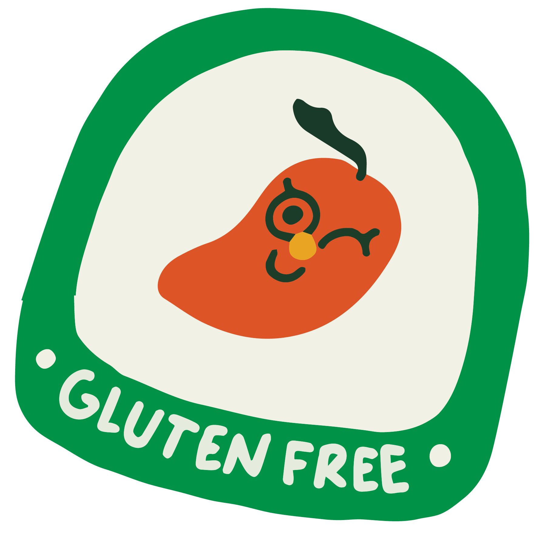 Gluten free sticker. Outlined in green with cute mango fruit character in center, winking at camera.