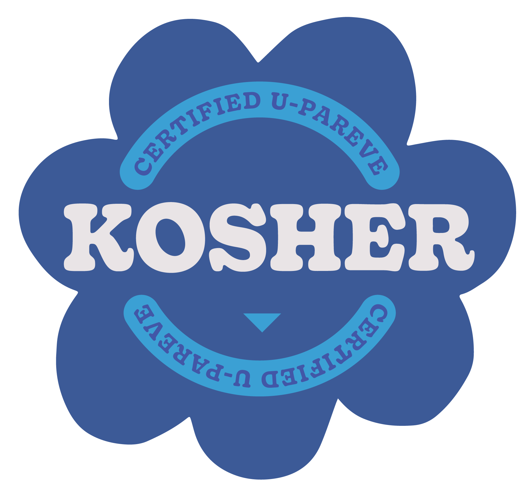 Certified U-Pareve Kosher sticker. Sticker is shaped like a flower with seven rounded petals. Sticker is blue, with light blue banner and white font in center.
