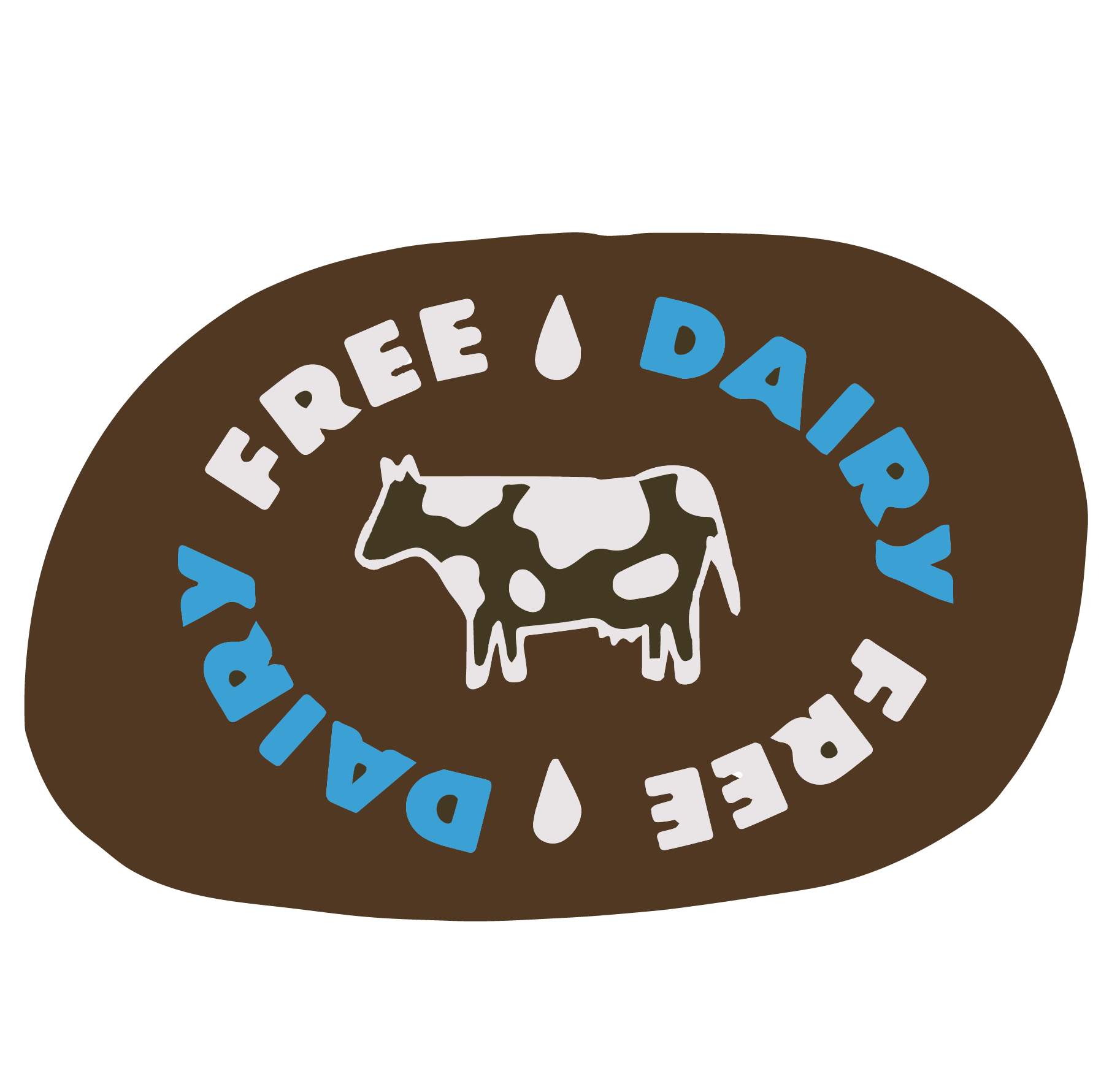 Dairy Free Sticker. Sticker is black with light blue and white font, rounded edges, and a cow graphic in the center.