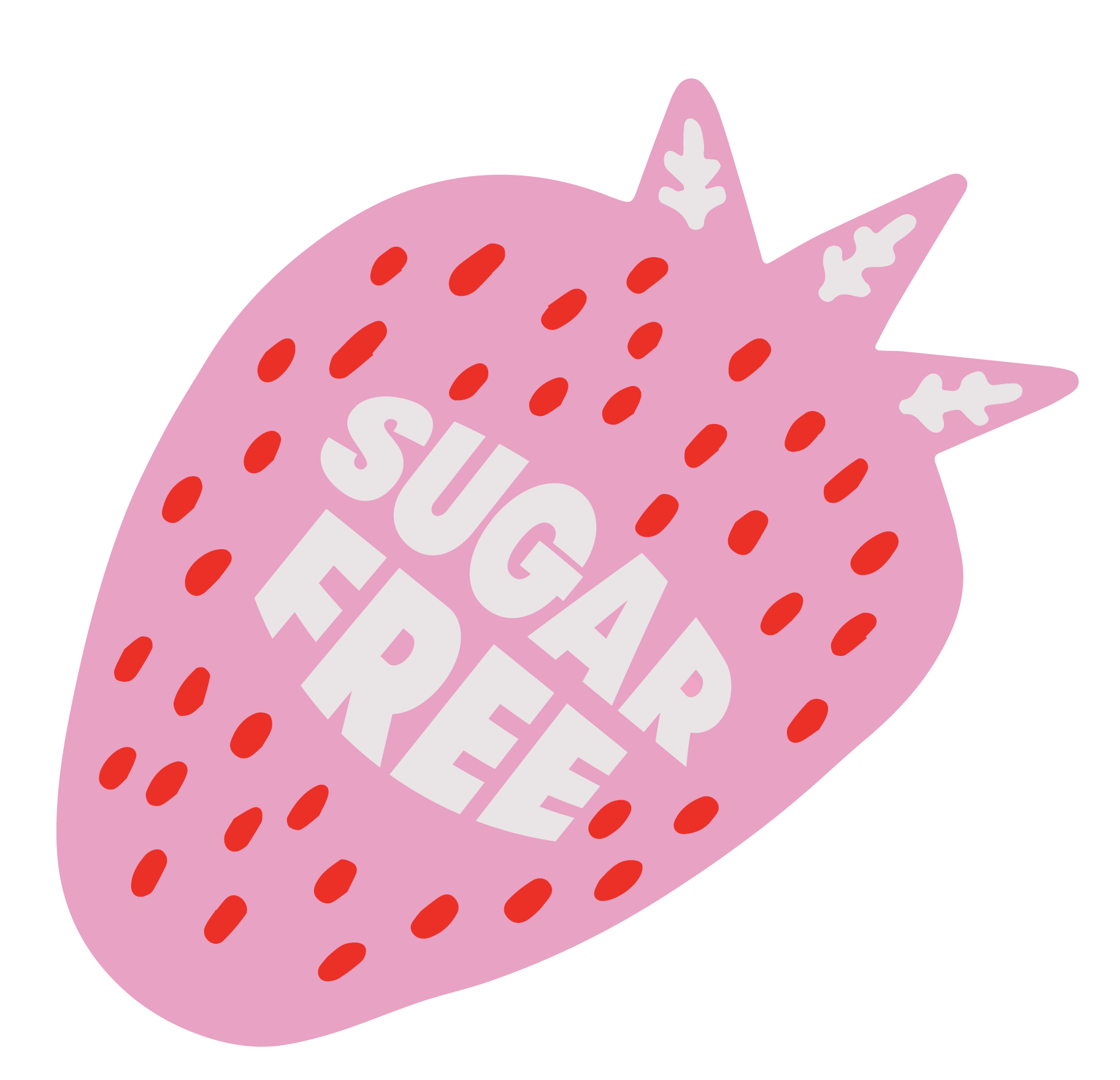 Pink strawberry sticker with sugar free written in the center in white font.