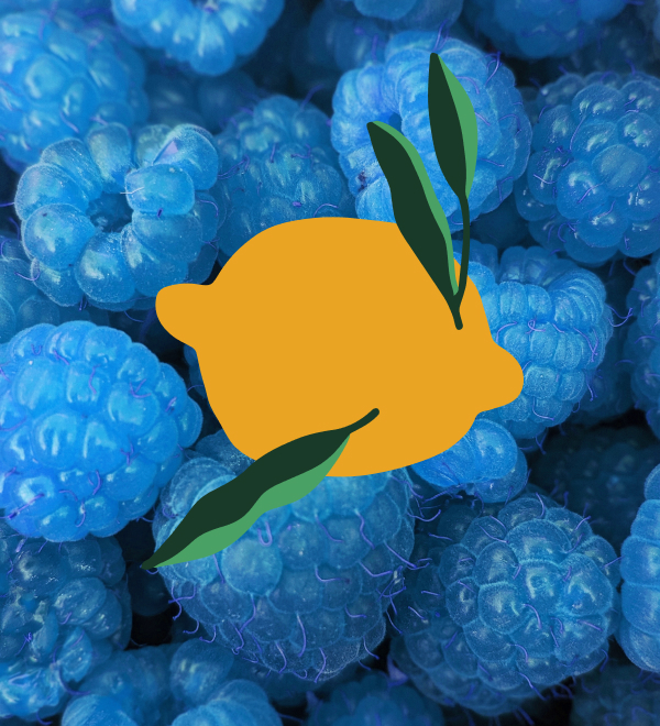 Image of realistic blue raspberries with a lemon graphic in the center. The lemon graphic has green leaves.