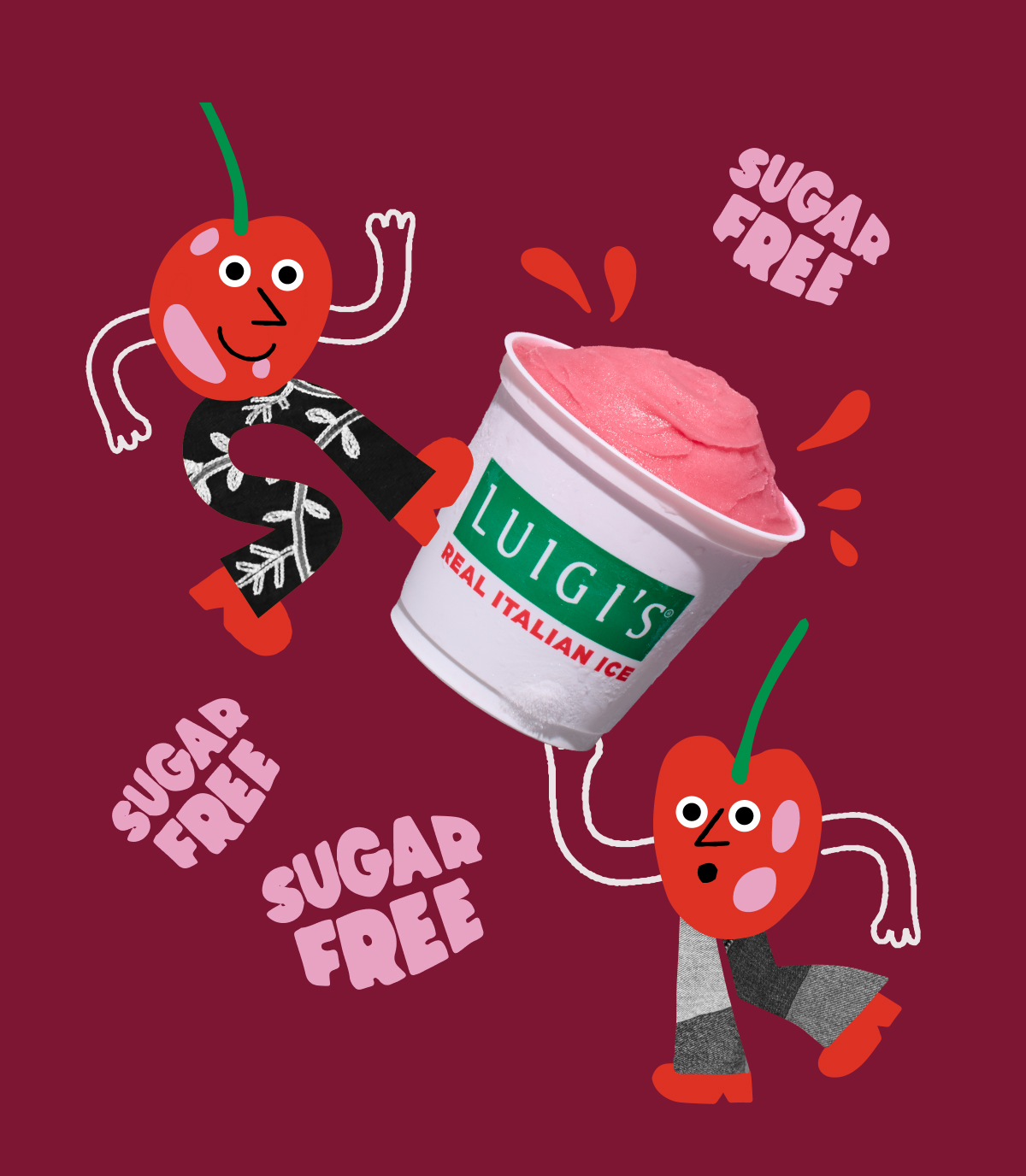 Graphic of two groovy cherry characters dancing with a cup of sugar-free cherry LUIGI'S Real Italian Ice. Background is a deep burgundy color. Sugar free is written three times in pink bubbly letters.