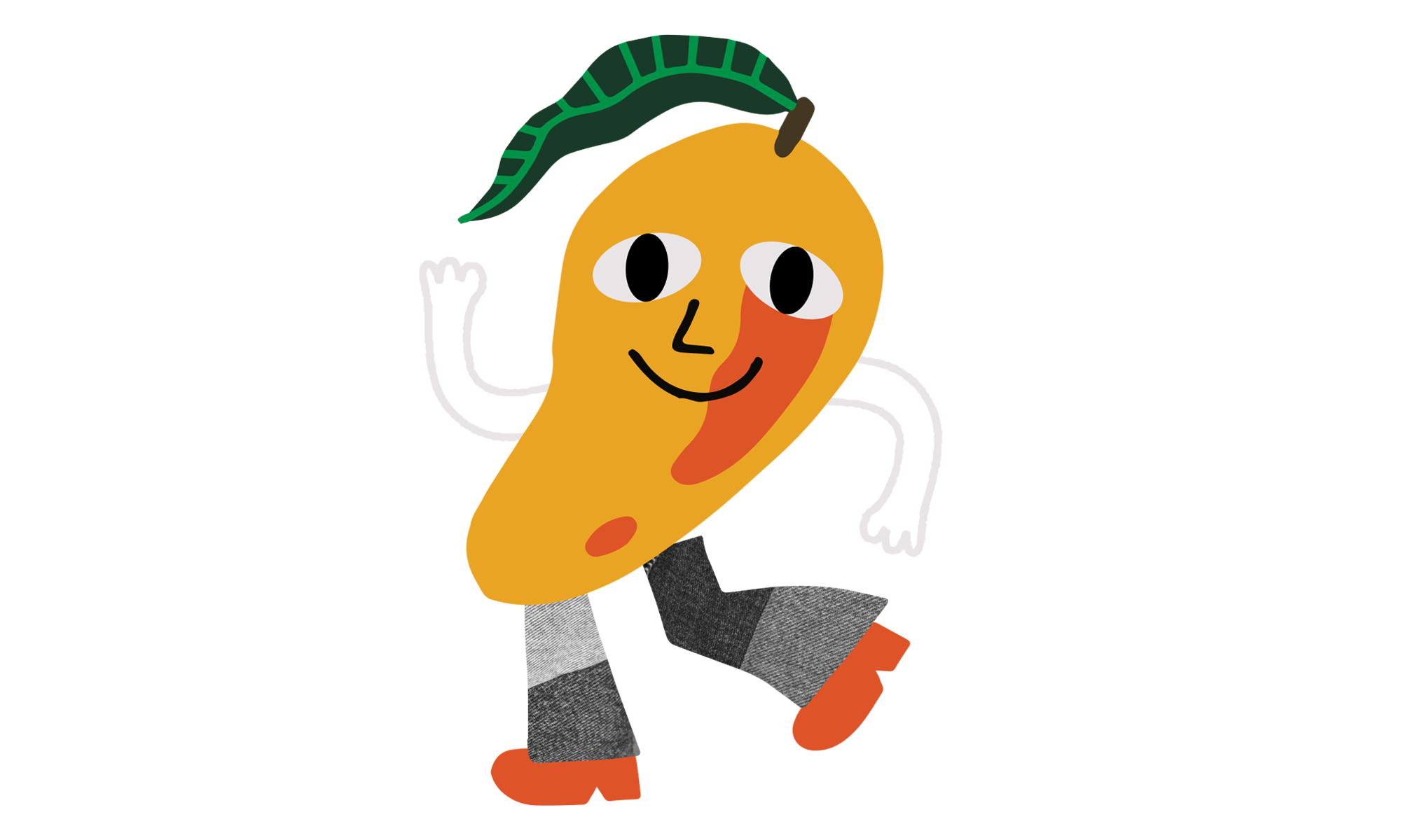Cool mango graphic. Mango is smiling, has arms in a dancing pose, and is walking. The Mango is wearing pants and orange shoes.