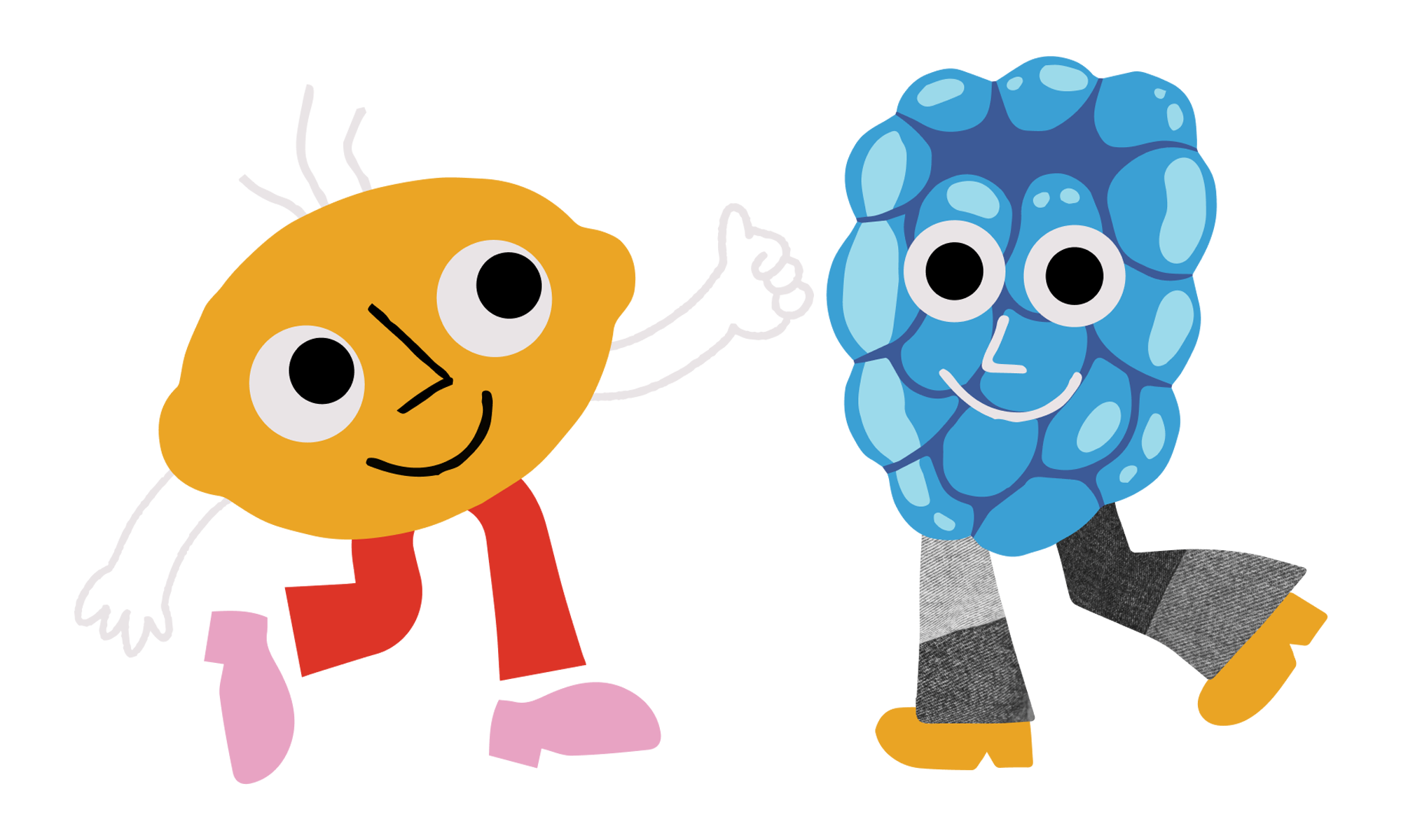 Cute lemon and blue raspberry sticker. The lemon is giving a thumbs up and smiling at the blue raspberry. the blue raspberry is smiling at the camera. They're both wearing pants and shoes.