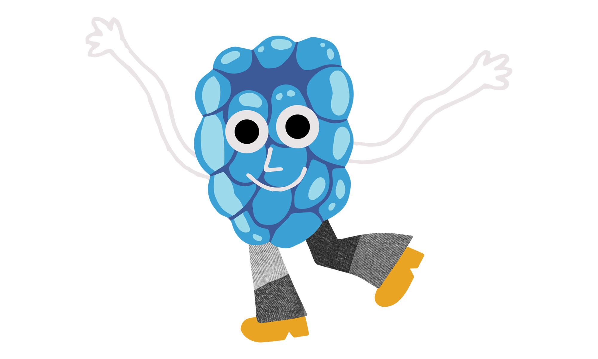 Cute blue raspberry graphic. Blue raspberry is waving arms in the air, smiling at the camera, and has its right foot kicked back.