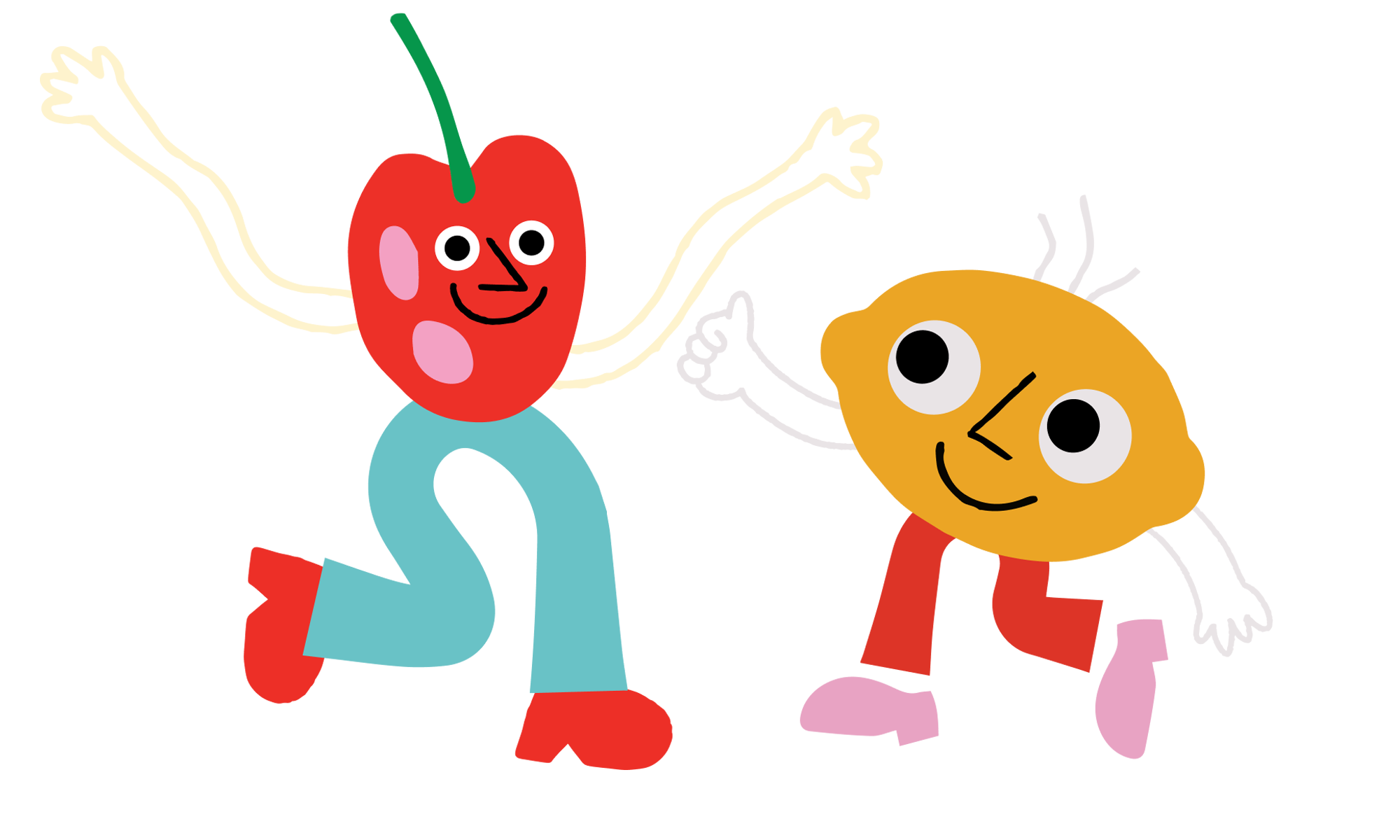 Cute cherry and lemon sticker. The lemon is giving a thumbs up and smiling at the cherry. The cherry is smiling at the camera. Both fruit characters are wearing pants and shoes.