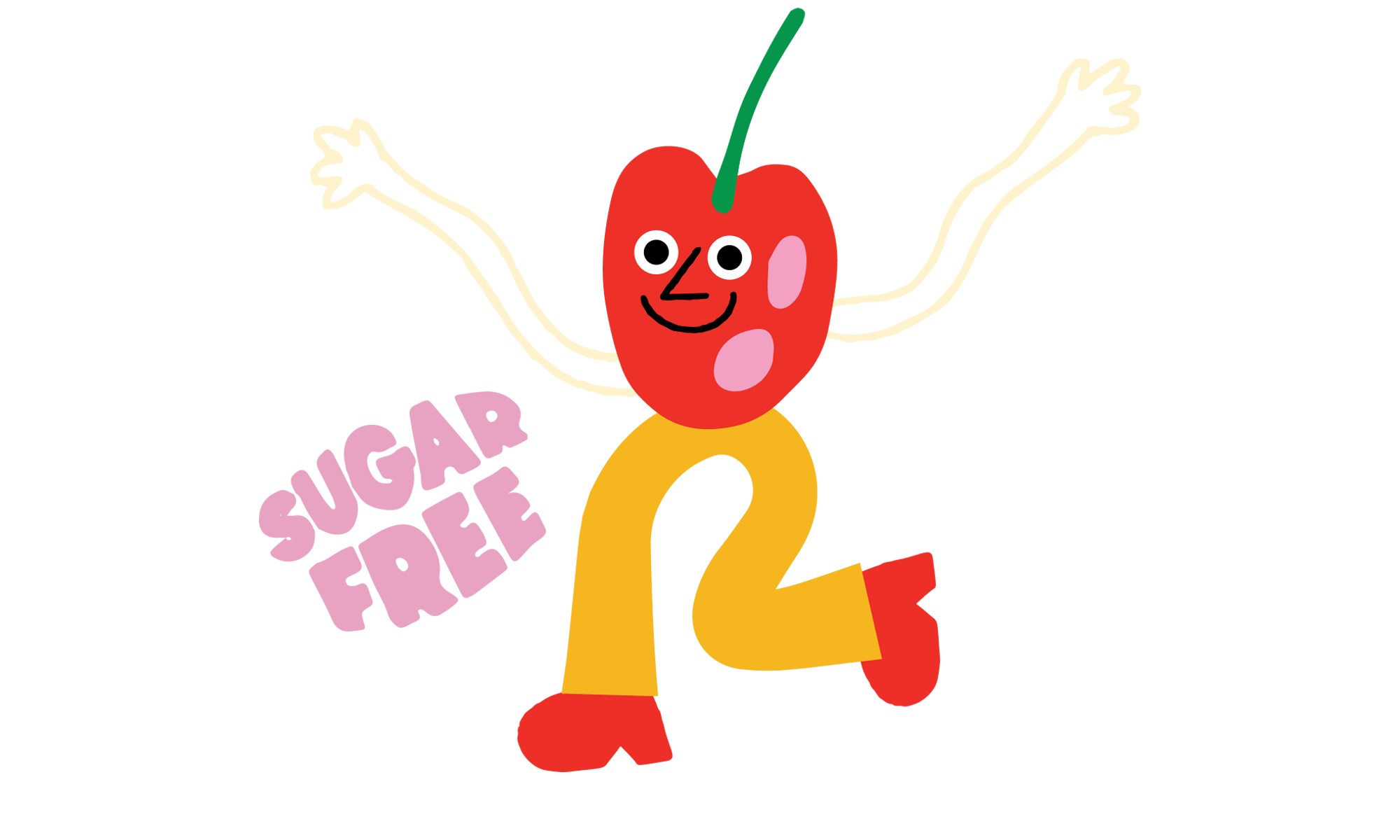 Cute sugar free cherry graphic. Cherry character is waving arms in the air, smiling at the camera, and has its right foot kicked back.