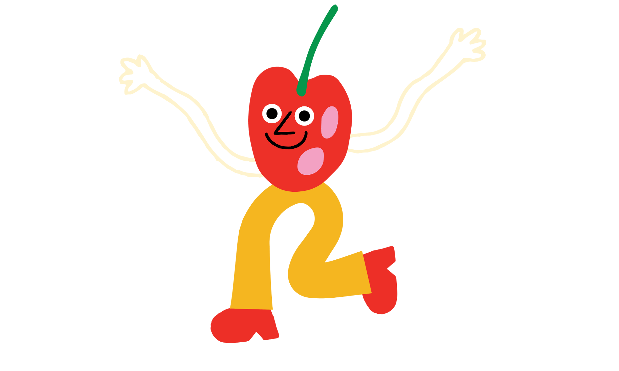 Cute cherry graphic. Cherry character is waving arms in the air, smiling at the camera, and has its right foot kicked back.