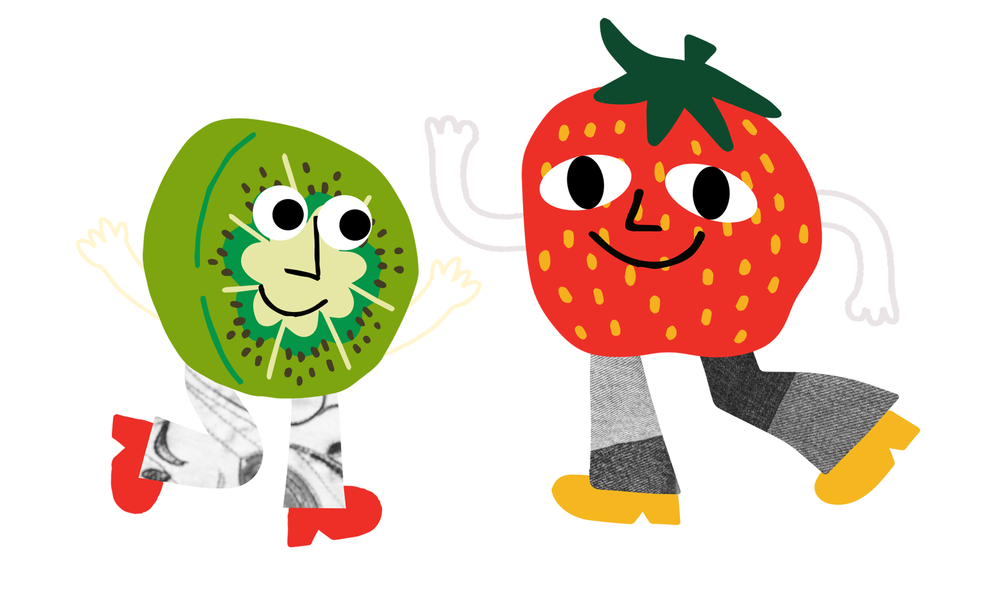 Cute kiwi and strawberry characters. The kiwi and strawberry look like they are dancing. The fruit characters are smiling at each other, have their arms in the air, and are wearing pants and shoes.