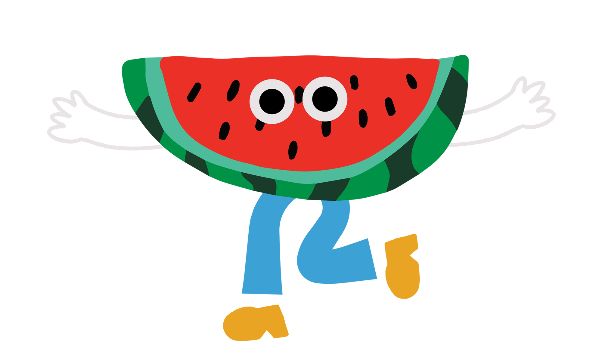 Fun watermelon character graphic. The watermelon character has a surprised look on their face, arms stretched outwards, and looks to be dancing. The watermelon graphic is wearing pants and shoes.