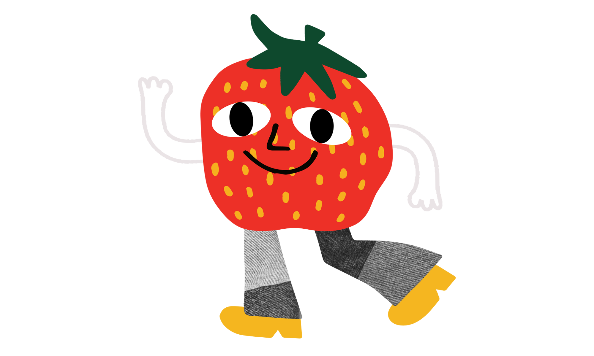 Cute strawberry graphic with arms and legs, smiling at the camera. The LUIGI'S strawberry has an arm raised, waving at the camera and taking a step to the left.