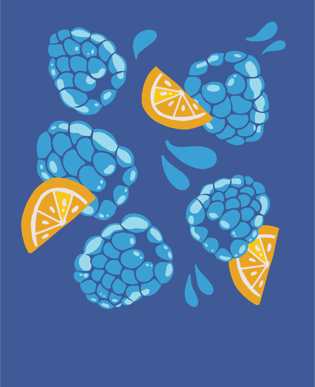 Graphic of blue raspberries and lemons. There are five blue raspberries, three lemon slices, and blue splash marks. The background is a darker blue.