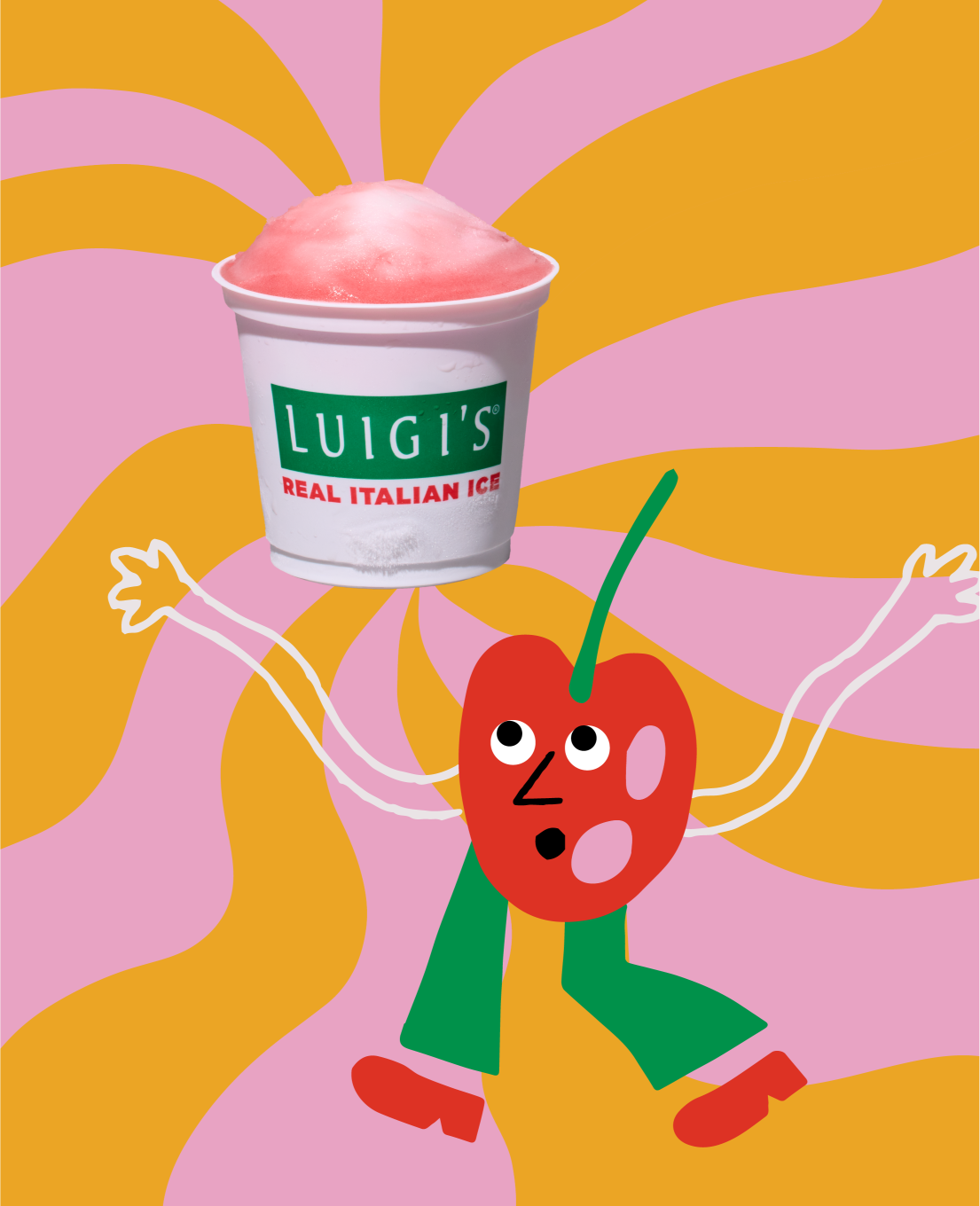 Groovy cherry graphic with cherry swirl LUIGI'S Real Italian Ice. Cool retro, psychedelic background in pink and yellow. Cherry graphic is looking up at the cup of Italian ice with a surprised face. The cherry character is wearing green pants, and red shoes.