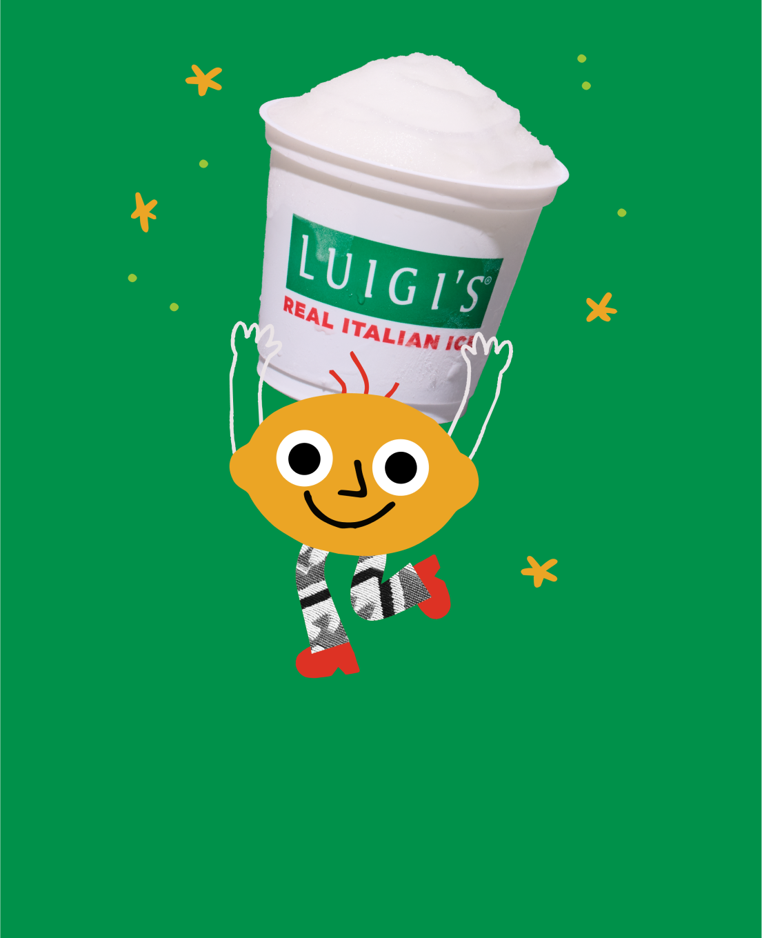 Graphic of cute lemon character holding a LUIGI'S Real Italian Ice cup. The Italian ice is lemon flavored. The Lemon graphic is smiling, has little hairs, and is wearing pants and red shoes. There are little stars around the image.