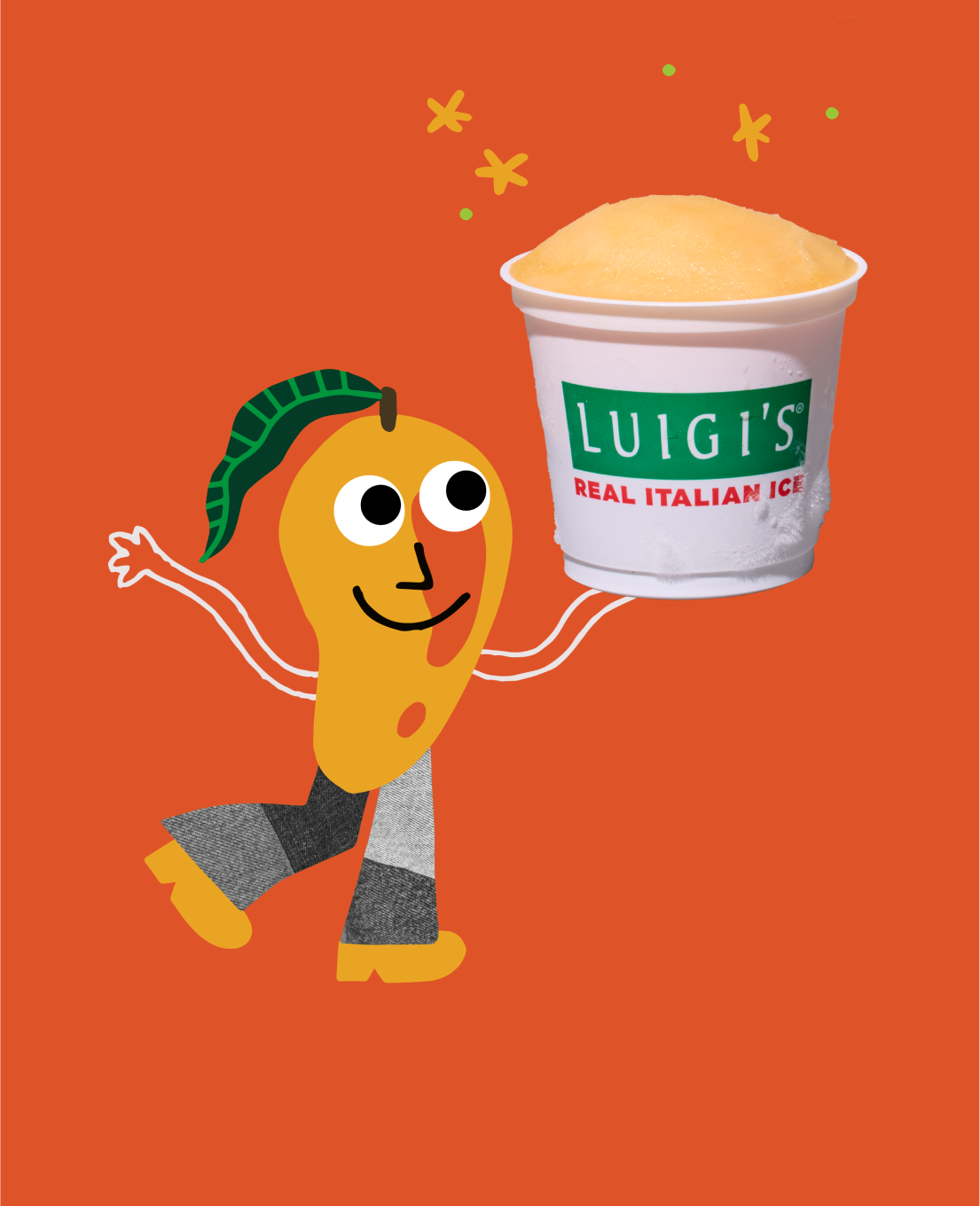 Mango graphic character is smiling and holding a cup of mango LUIGI'S Real Italian Ice. Orange background and light orange stars around cup. Mango is wearing pants and shoes and has a leaf for hair.