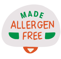 Light gray graphic sticker with green and orange font that says Made Allergen Free.