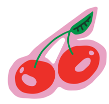 Graphic of two stemmed cherries. Cherries are red with green stems and leaf. Graphic is outlined in pink.
