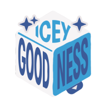 Icey Goodness sticker. Image looks like an ice cube with four-point stars. Icey Goodness is written in blue on the faces of the ice cube.