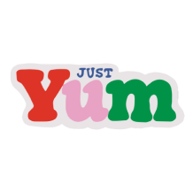 Just Yum sticker. Font is colorful, using blue, red, pink, and green.