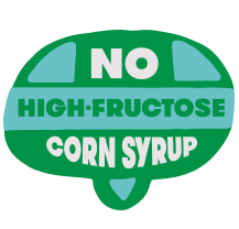 No High-Fructose Corn Syrup sticker. Sticker looks like speech bubble in green, light blue, and white.