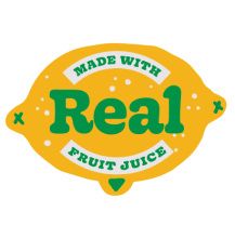 Made with Real Fruit Juice sticker. Sticker is a yellow lemon with green font and white banners.
