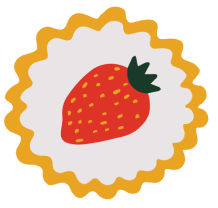 Strawberry graphic sticker. Red graphic strawberry is in the center of a sticker with a wavy round edges.
