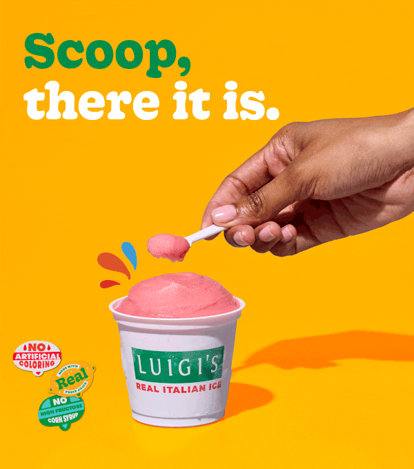 Gif of a hand scooping out cherry LUIGI'S Real Italian Ice with white spoon. Background is yellow with green and white words that say, 