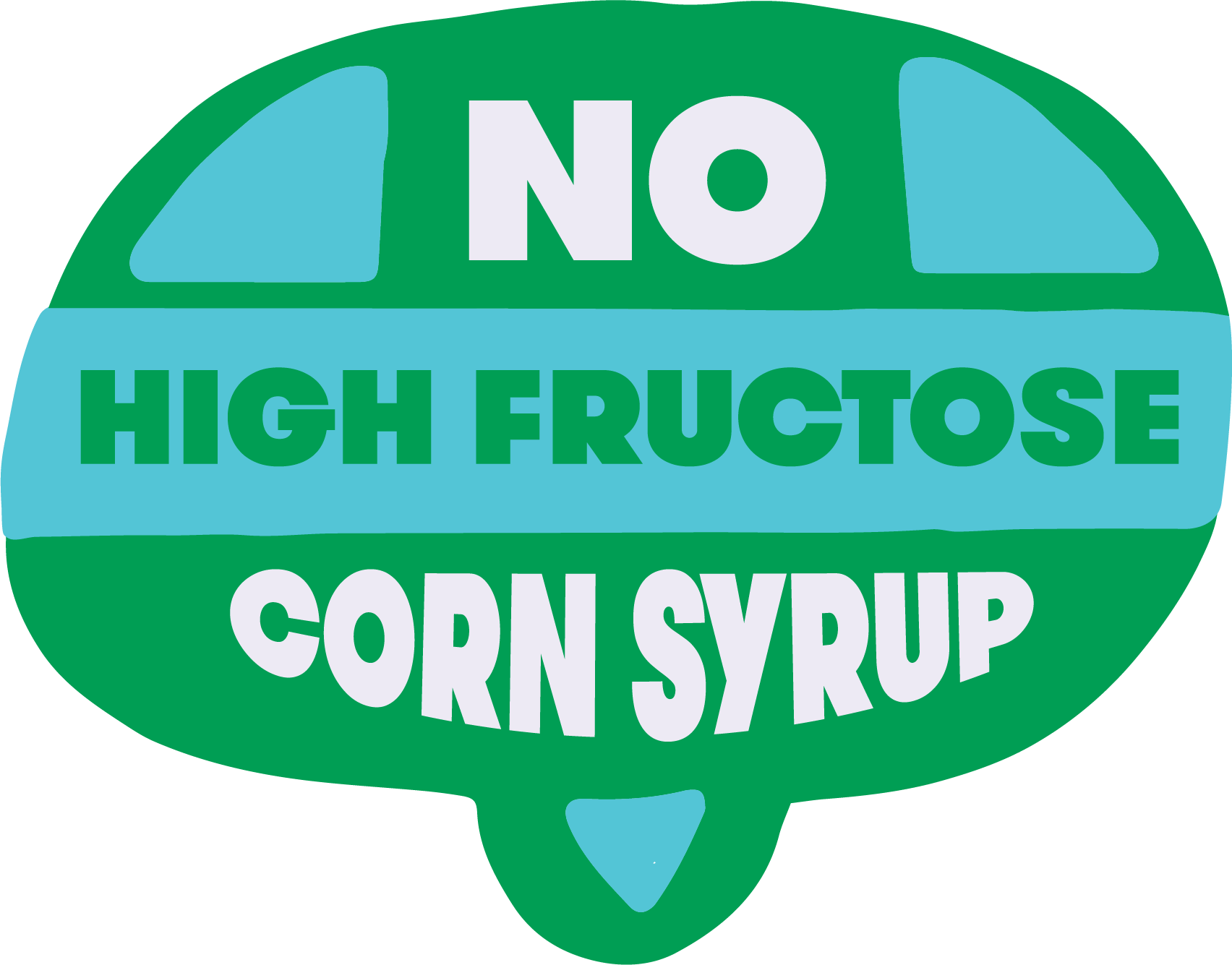 No High-Fructose Corn Syrup sticker. Sticker looks like speech bubble in green, light blue, and white.